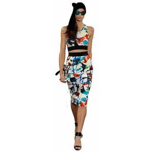 MILLY Abstract Colorful Slim Scuba Pencil Skirt Midi Sz 2 Runway Celeb Style